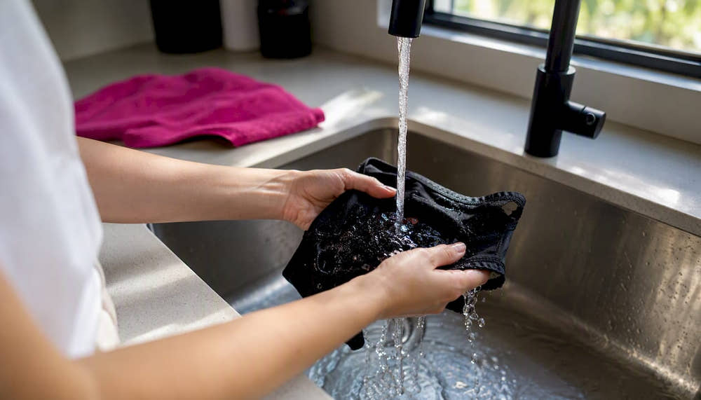 Hands rinsing period underwear in sink