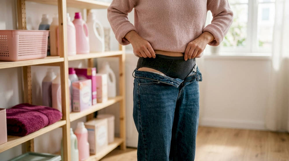Woman adjusting period underwear at home