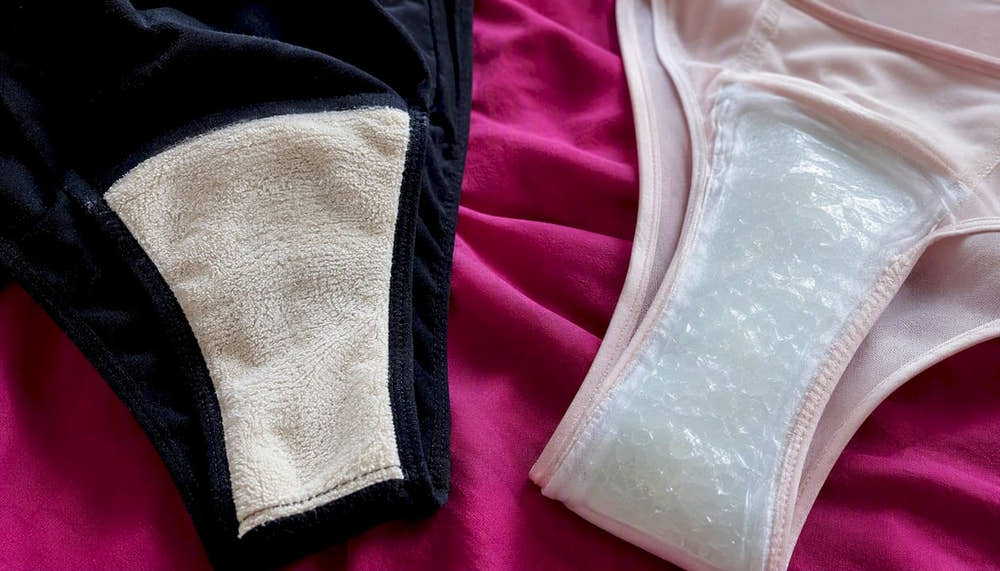 Split fabric layers of period and incontinence underwear