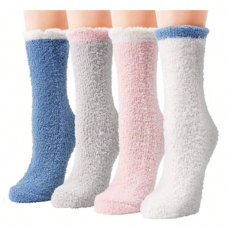 Cozy fuzzy crew socks 4-pack in blue, grey, pink, and white